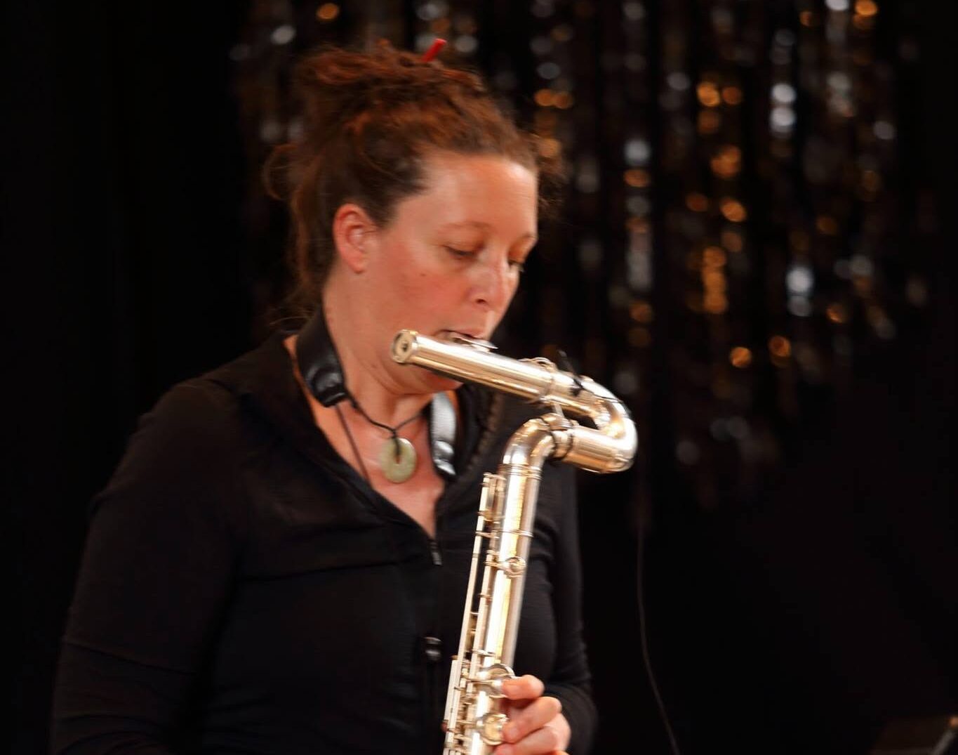 Hélène Navasse rehearsing FlashNight on bass flute